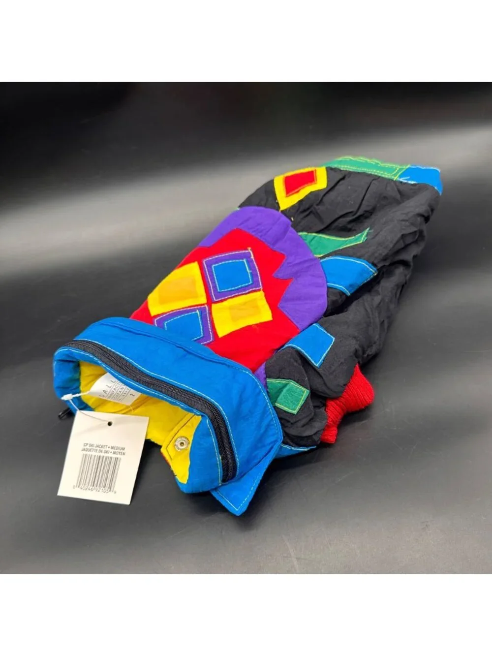 Dog Coat Ski Puffer Jacket Colorful Geometric Hood in Collar Snap Close Medium